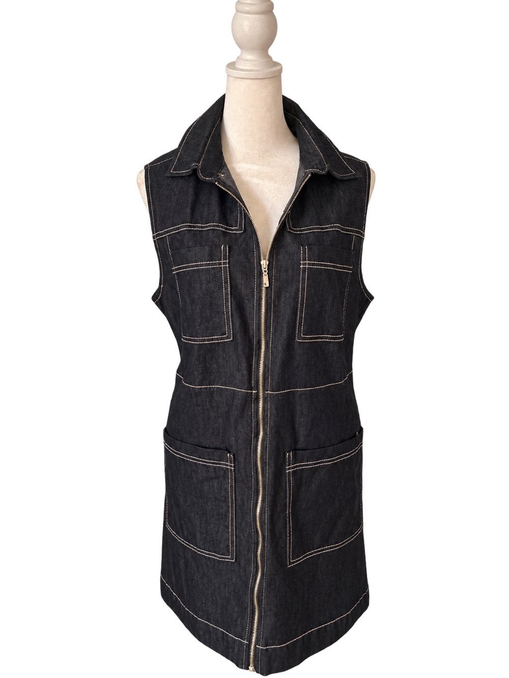 Eighty Eight Dark Wash Blue Denim Zip-Front Utility Shift Dress Large